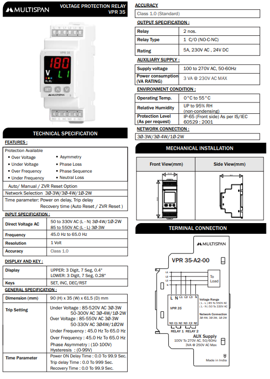 Relay Bảo Vệ Điện Áp Và Pha Multispan - VPR-35